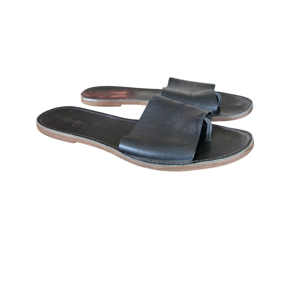 Madewell The Boardwalk Post Slide Sandals Black Leather Flat 9, Neutral Boho